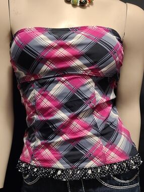 Hula Honey Pink White Plaid Strapless Bustier Y2k Crop Top Size Small